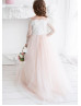 Long Sleeves Ivory Lace Pink Tulle Flower Girl Dress